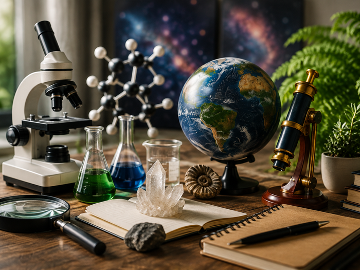 Microscope, laboratory glassware, scientific instruments and natural specimens